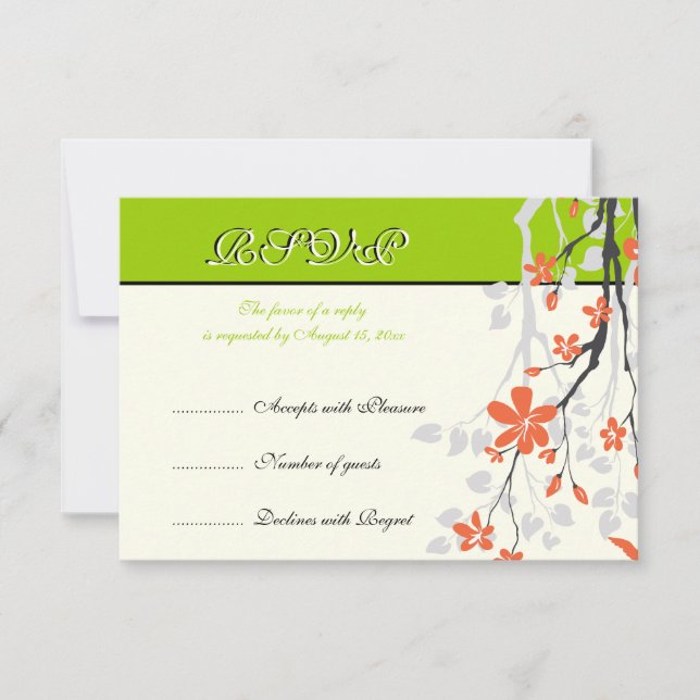 Flowers orange lime green wedding RSVP card (Front)