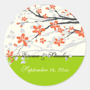 Flowers orange lime green wedding Save the Date Classic Round Sticker
