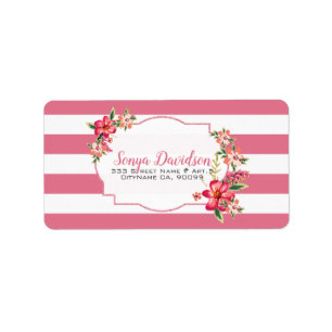 Flowers Over Pink And White Stripes Label