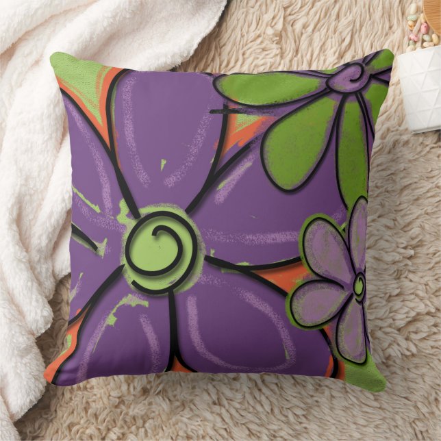 Flowers Painted Purple and Green Cushion (Blanket)