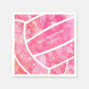 Flowers paislies feathers pink volleyball party napkin