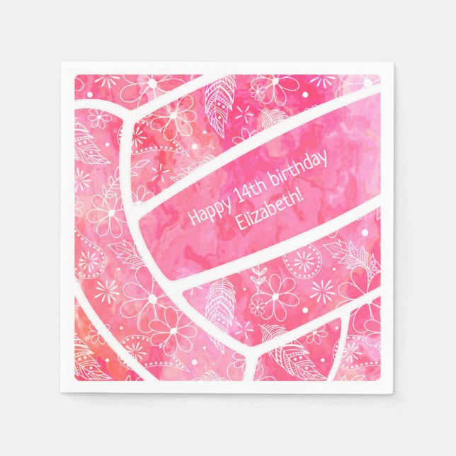 Flowers paislies feathers pink volleyball party napkin (Front)
