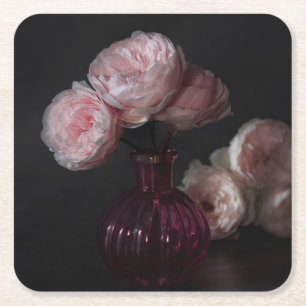 Flowers Pale Pink Peonies in Vase Square Paper Coaster