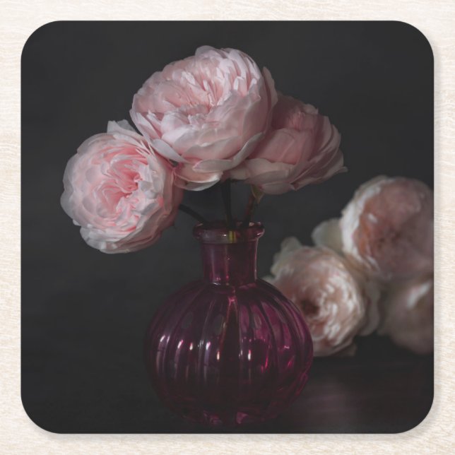 Flowers | Pale Pink Peonies in Vase Square Paper Coaster (Front)