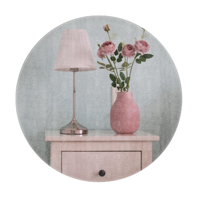 Flowers | Pale Pink Roses on Nightstand Cutting Board (Front)