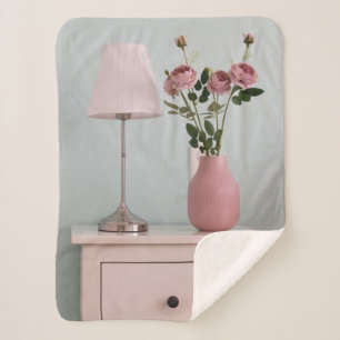 Flowers Pale Pink Roses on Nightstand Sherpa Blanket