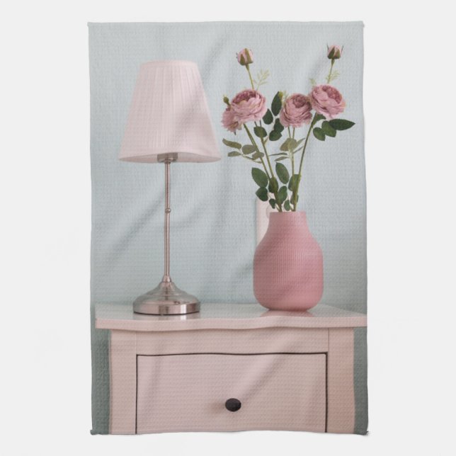 Flowers | Pale Pink Roses on Nightstand Tea Towel (Vertical)
