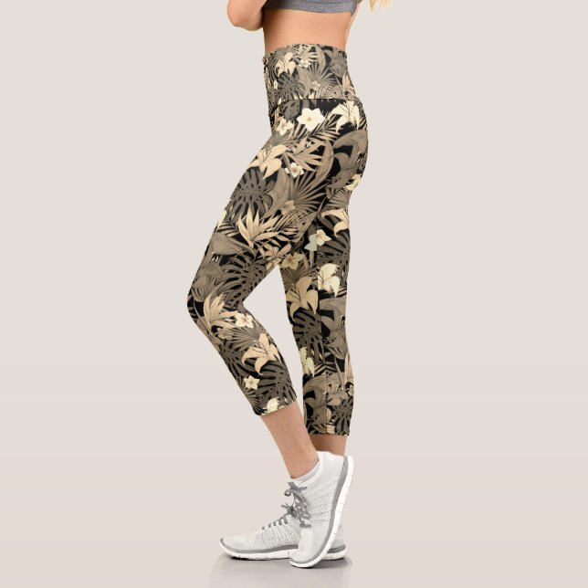 Flowers & Palm Leaves in Beige Shades Capri Leggings (Left)