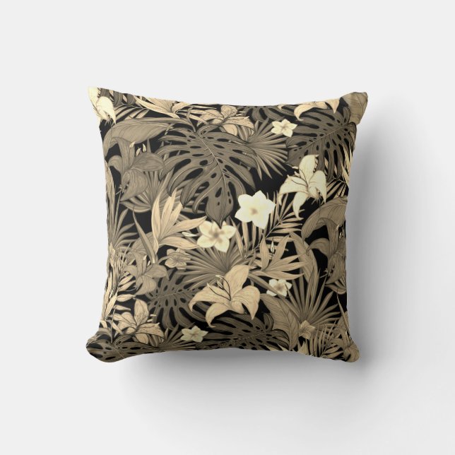 Flowers & Palm Leaves in Beige Shades Throw Pillow (Front)