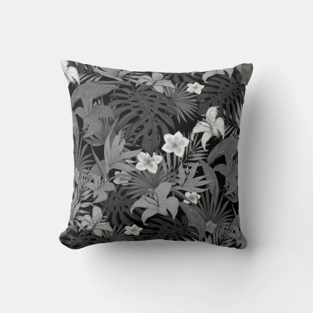 Flowers & Palm Leaves in Grey Shades Cushion (Front)