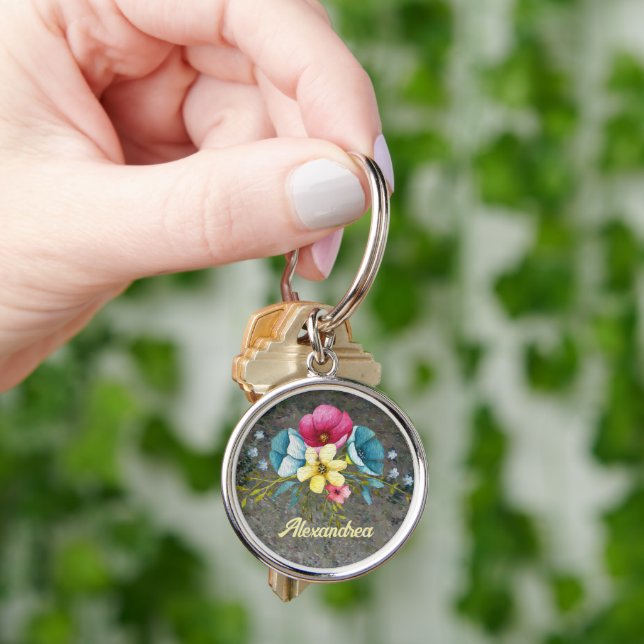Flowers Pastel Watercolor Yellow Pink Floral  Key Ring (Hand)