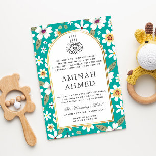 Flowers Pattern Green Islamic Aqiqa Aqeeqa Baby Invitation