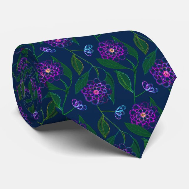 Flowers Pattern Groomsmen Navy Blue Floral Liberty Tie (Rolled)