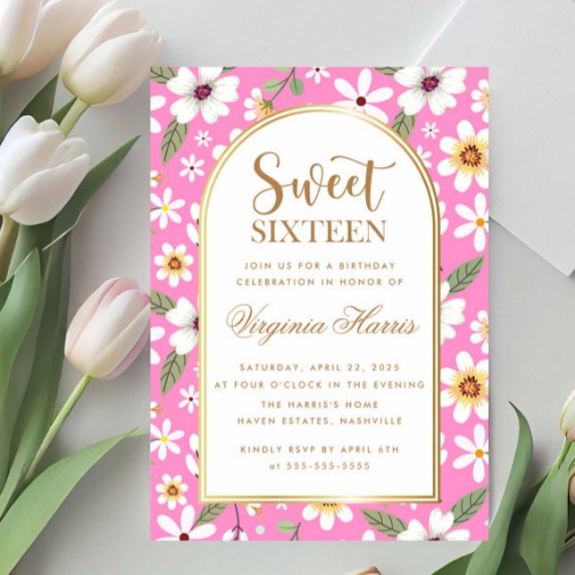 Flowers Pattern Pink Sweet Sixteen 16 Birthday Invitation (Creator Uploaded)