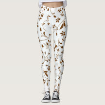 Flowers Pattern White and Brown Leggings