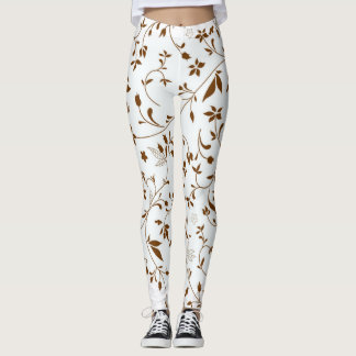 Flowers Pattern White and Brown Leggings