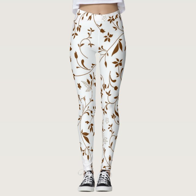 Flowers Pattern White and Brown Leggings (Front)