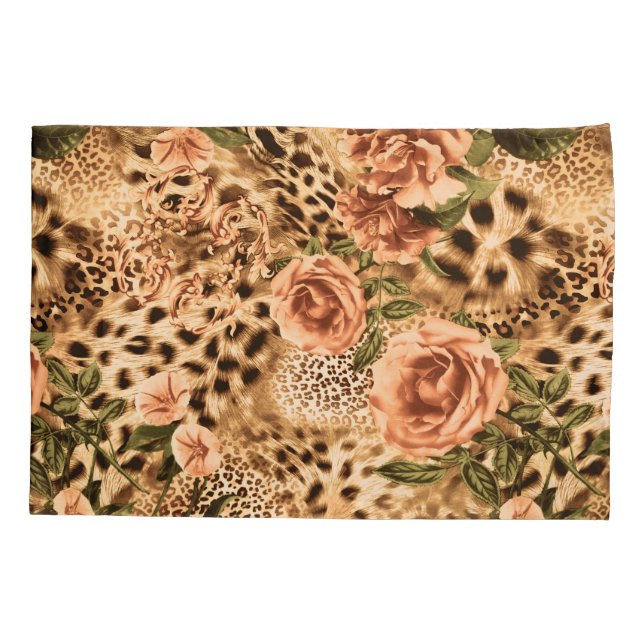 Flowers Pattern with Leopard Print Pillowcase (Back)