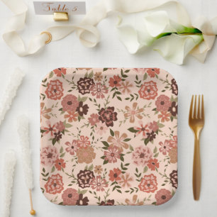 Flowers Peach Brown Botanical Event Paper Plate