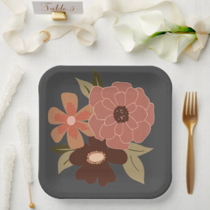 Flowers Peach Grey Botanical Event Paper Plate