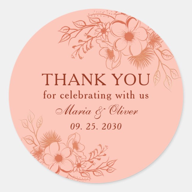 Flowers Peach Wedding Thank You Classic Round Sticker (Front)