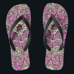 FLOWERS,PEACOCKS AND DRAGONS ,Pink BLack White Flip Flops<br><div class="desc">Colourful, elegant and classic floral design with swirls,  peacock, bird and dragon figures in pink, black white fuchsia violet purple colours re elaborated from vintage textile fabric</div>