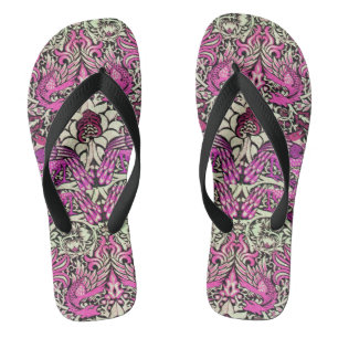 FLOWERS,PEACOCKS AND DRAGONS ,Pink BLack White Flip Flops