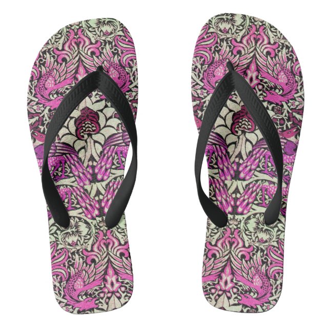 FLOWERS,PEACOCKS AND DRAGONS ,Pink BLack White Flip Flops (Footbed)