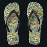 FLOWERS,PEACOCKS AND DRAGONS ,Yellow Black White Flip Flops<br><div class="desc">Colourful, elegant and classic floral design with swirls,  peacock, bird and dragon figures in yellow, black white grey colours re elaborated from vintage textile fabric.</div>