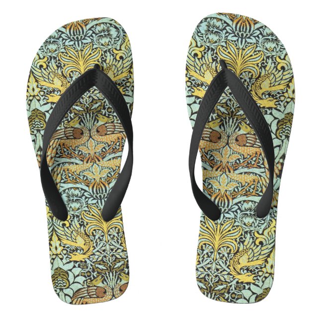 FLOWERS,PEACOCKS AND DRAGONS ,Yellow Black White Flip Flops (Footbed)