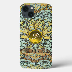 FLOWERS,PEACOCKS AND DRAGONS YELLOW GEM MONOGRAM iPhone 13 CASE