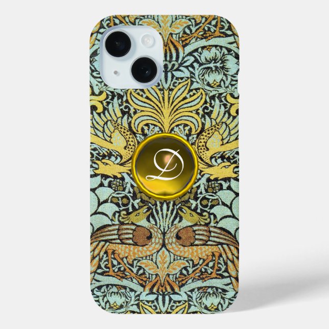 FLOWERS,PEACOCKS AND DRAGONS YELLOW GEM MONOGRAM Case-Mate iPhone CASE (Back)