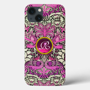FLOWERS,PEACOCKS, DRAGONS, PINK GEM STONE MONOGRAM iPhone 13 CASE