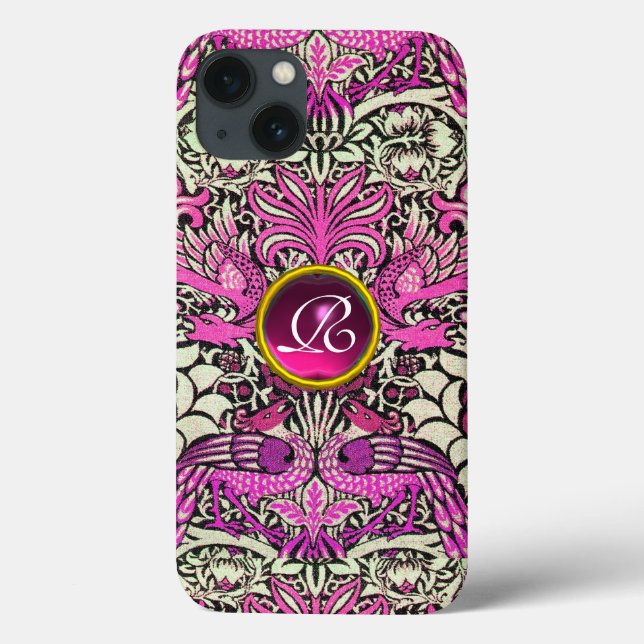 FLOWERS,PEACOCKS, DRAGONS, PINK GEM STONE MONOGRAM Case-Mate iPhone CASE (Back)