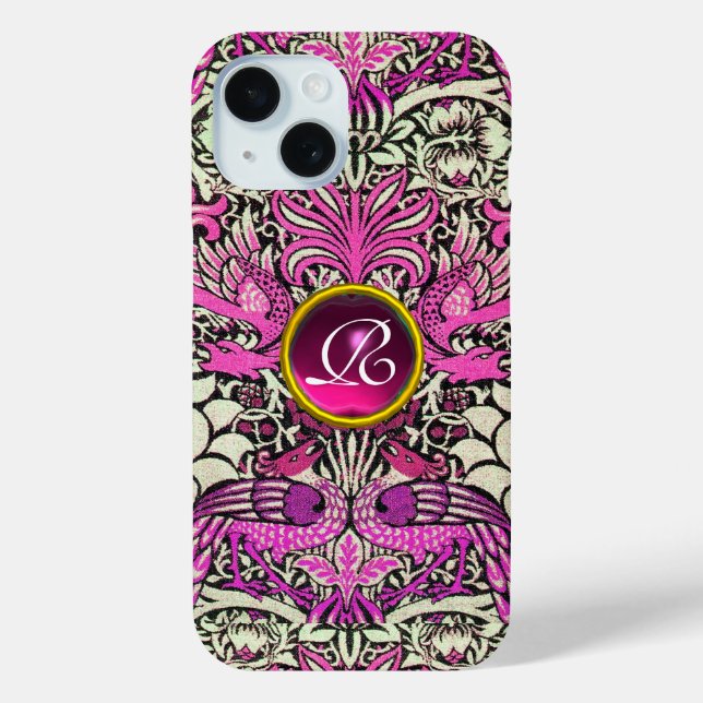 FLOWERS,PEACOCKS, DRAGONS, PINK GEM STONE MONOGRAM Case-Mate iPhone CASE (Back)