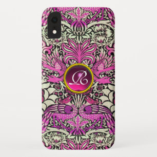 FLOWERS,PEACOCKS, DRAGONS, PINK GEM STONE MONOGRAM iPhone XR CASE