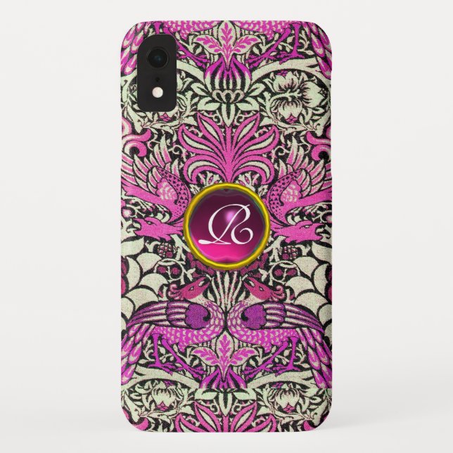 FLOWERS,PEACOCKS, DRAGONS, PINK GEM STONE MONOGRAM Case-Mate iPhone CASE (Back)