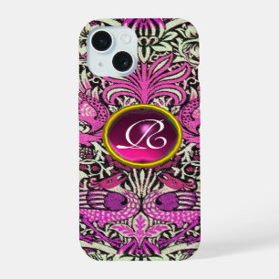 FLOWERS,PEACOCKS, DRAGONS, PINK GEM STONE MONOGRAM iPhone 15 CASE