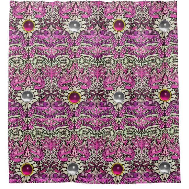 FLOWERS,PEACOCKS, DRAGONS,PINK WHITE GEM STONES SHOWER CURTAIN (Front)