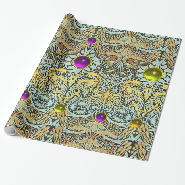 FLOWERS,PEACOCKS,DRAGONS, PURPLE YELLOW GEM STONES WRAPPING PAPER (Unrolled)