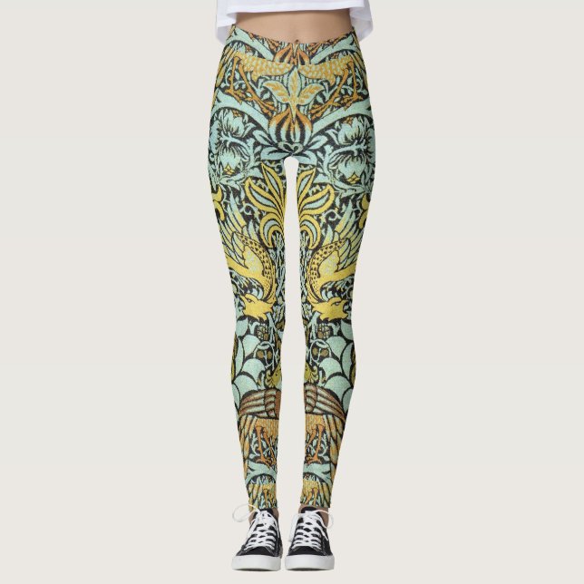 FLOWERS,PEACOCKS,DRAGONS Yellow BLack White Leggings (Front)