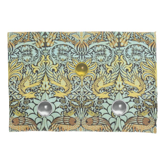 FLOWERS,PEACOCKS, DRAGONS,YELLOW WHITE GEM STONES PILLOWCASE (Front-Left)