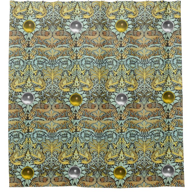 FLOWERS,PEACOCKS, DRAGONS,YELLOW WHITE GEM STONES SHOWER CURTAIN (Front)
