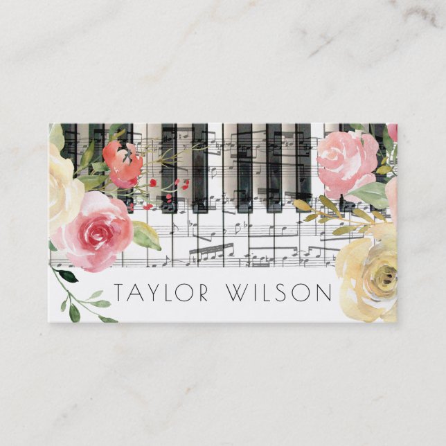 flowers pianist music teacher business card (Front)