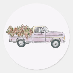 flowers pick up truck  classic round sticker