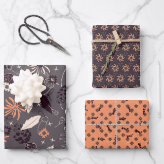 Flowers, pine cones, acorns, stars, berries on wrapping paper sheet