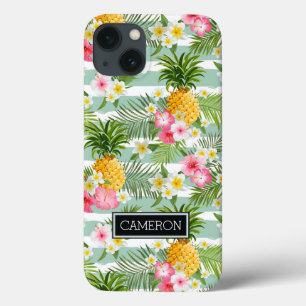 Flowers & Pineapple Teal Stripes Add Your Name iPhone 13 Case