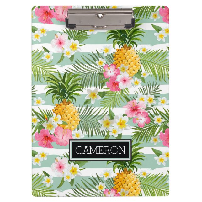 Flowers & Pineapple Teal Stripes | Add Your Name Clipboard (Front)