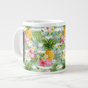 Flowers & Pineapple Teal Stripes   Add Your Name Large Coffee Mug