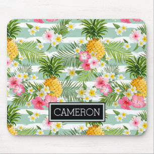Flowers & Pineapple Teal Stripes   Add Your Name Mouse Mat